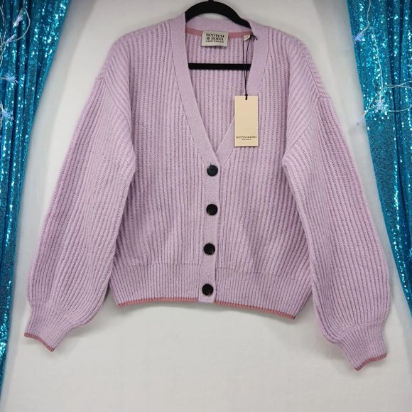 NWT & Bag Scotch & Soda $178.00 MSRP Fuzzy Kniited Cardigan Size XL Soft Orchid - Picture 3 of 16